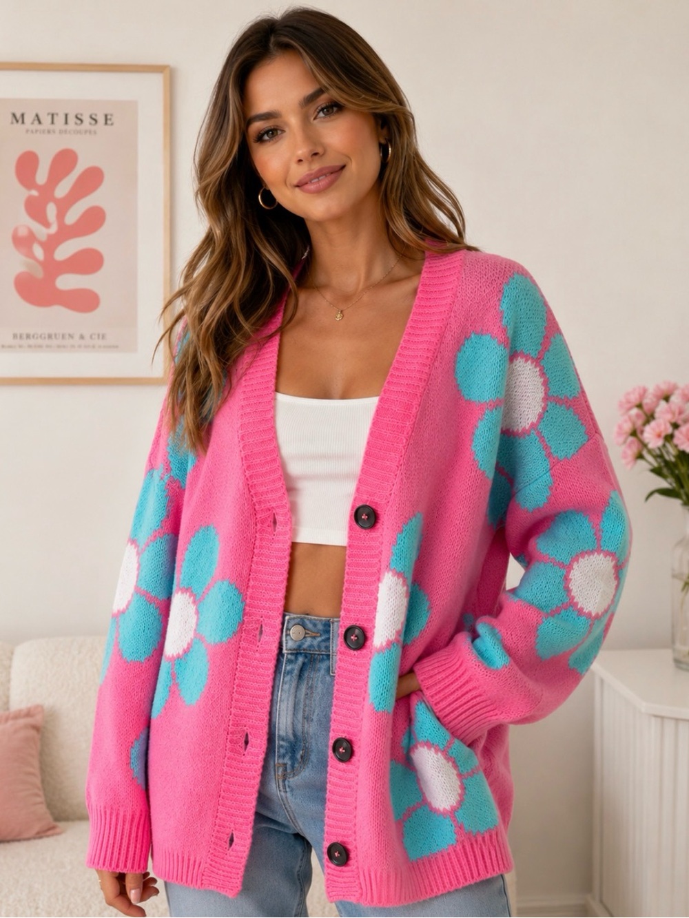 Pink Floral Knit Cardigan Sweater